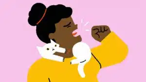 dessin d'une femme qui tousse, dessin d'un chat en travers de sa gorge