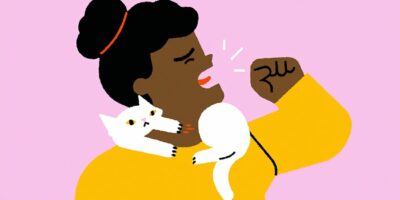 dessin d'une femme qui tousse, dessin d'un chat en travers de sa gorge
