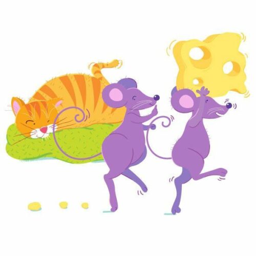 dessin de deux souris violettes qui volent du fromage sous le nez d'un chat roux endormi. Proverbes : quand le chat n'est pas là les souris dansent