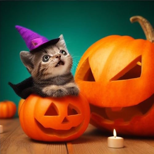 Chats et Halloween - chapeau et citrouille