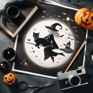 Chats et Halloween - chat et sorciere sur un balai