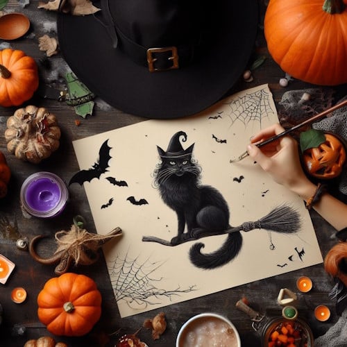 Chats et Halloween - chat noir et chauve-souris