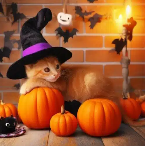 Chats et Halloween - posé sur une citrouille