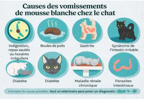 Une infographie avec les causes possibles de vomissements blancs chez le chat