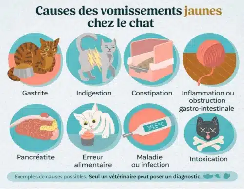 Une infographie répertoriant les causes possibles de vomissements jaunes chez le chat