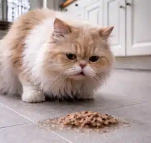 Un chat qui vomit souvent se tient devant son dernier vomi.