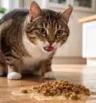 Mon chat vomit après avoir mangé : causes et solutions Chat qui vomit après avoir mangé des croquettes sur le sol.