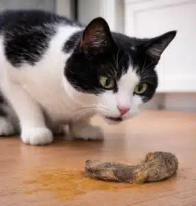 Chat qui a vomi une boule de poils